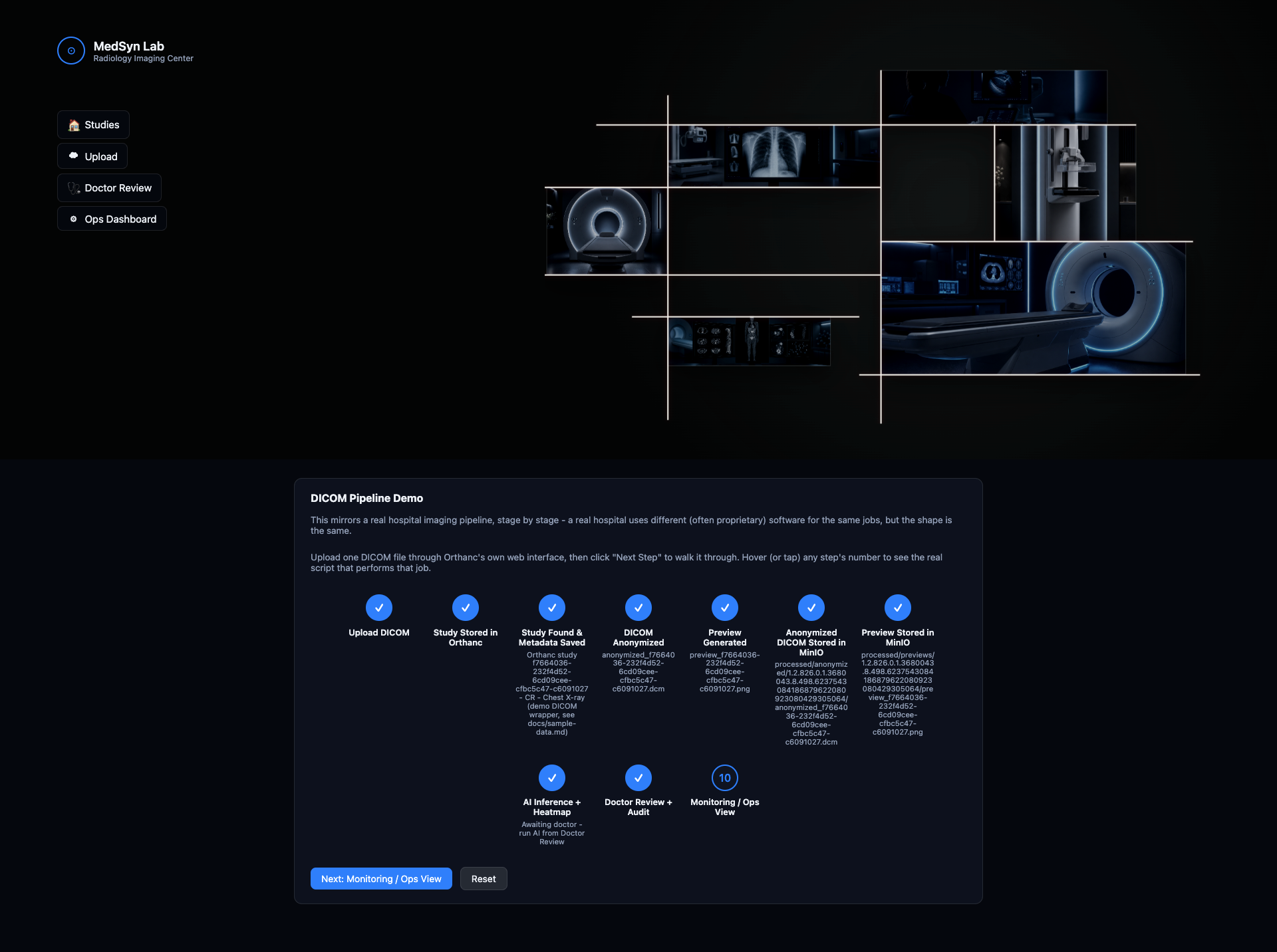MedSyn Lab imaging platform home page showing the DICOM pipeline demo steps